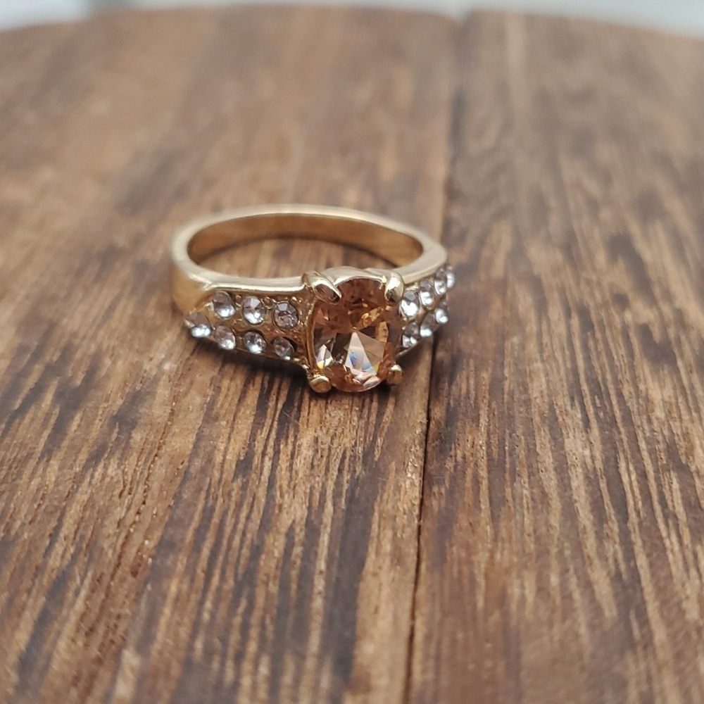 Elegant champagne Gemstone Ring with‎ Halo and Split Shank Design